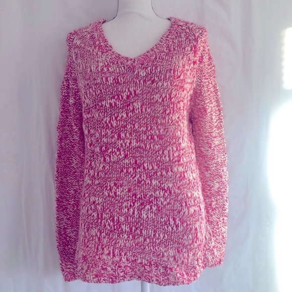 Aeropostale Hot Pink Cream Speckled Wool Chunky Knit V-Neck Sweater Large NWT - Picture 2 of 10